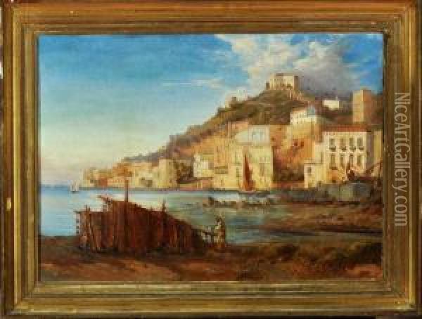 A View Of Naples With A Fisherman Drying Nets In The Foreground Oil Painting - Thomas Stuart Smith
