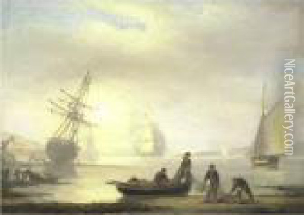 Fishermen In Harbor Oil Painting - Thomas Luny