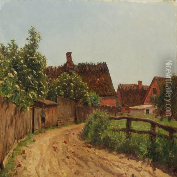 Villagescape With A Boy Walking Along A Gravel Road Oil Painting - Godfred B.W. Christensen