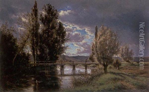The Old Bridge, Touraine Oil Painting - Alexandre Gittard