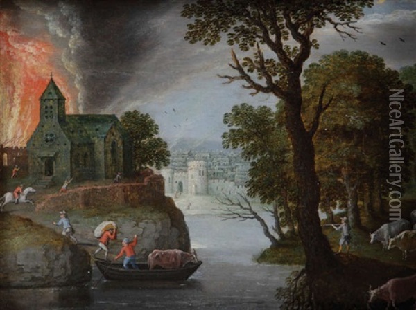 Paysage Aquatique Avec Figures Fuyant Une Ville En Flammes Oil Painting - Marten Ryckaert