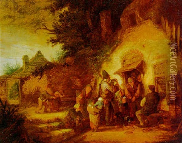 Peasants Outside A Cottage Gathered Around A Bagpipe Player Oil Painting - Adriaen Jansz van Ostade