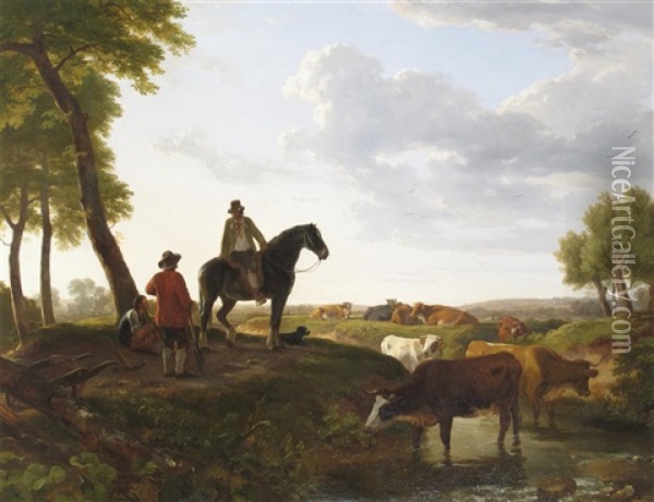 Farm Hands Tending Cattle In A River Landscape Oil Painting - Ramsay Richard Reinagle