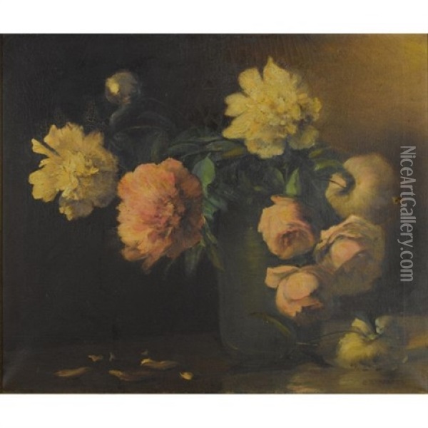 Peonies And Roses In A Green Vase Oil Painting - Charles Porter