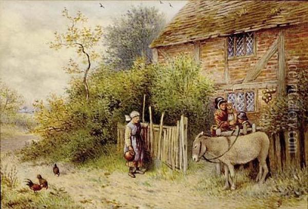 Farmyard Scene Women Child And Donkey Oil Painting - Myles Birket Foster