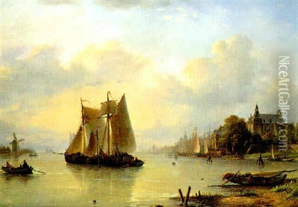 Moored Barges In A Dutch Estuary Oil Painting - Lodewijk Johannes Kleijn