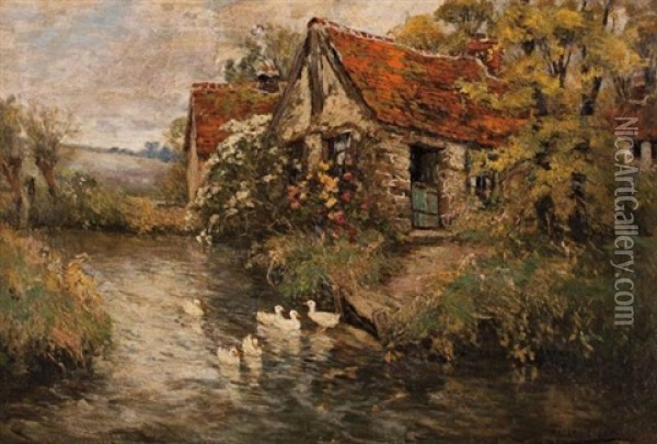 Ducks On A Cottage Stream Oil Painting - Frederick Charles Vipont Ede