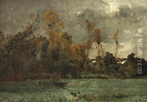 A Landscape Under Darkening Skies, Thought To Be Rochefort-en-terre, Brittany Oil Painting - Leon Germain Pelouse