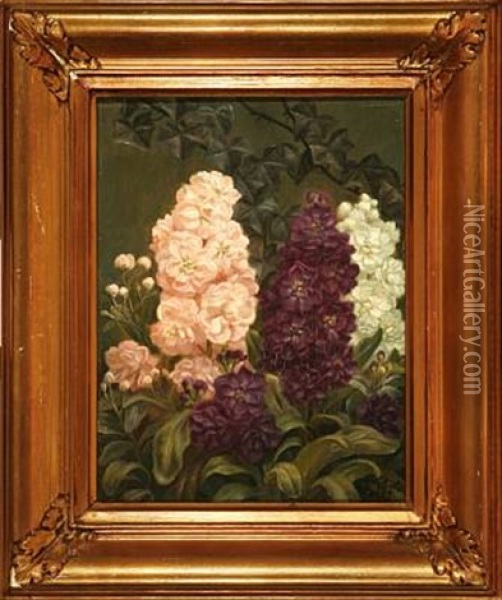 Pink, White And Purple Stocks Oil Painting - E.C. (Emil C.) Ulnitz