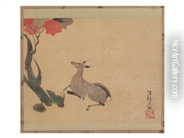 Maple And Deer Oil Painting - Ogata Korin