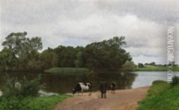 A Farmer Watering His Cows At A Lake Oil Painting - Joakim Frederik Skovgaard