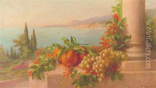 Honeysuckle And Oranges On An Italian Lake Side Oil Painting - Edward van Ryswyck