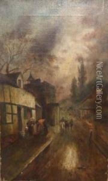 Evening Village Scene With Numerous Figures Oil Painting - James Walter Gozzard