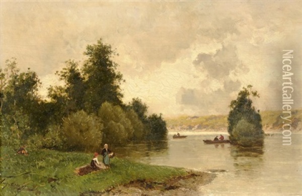 Ruhende Am Flussufer Oil Painting - Eugene Ciceri