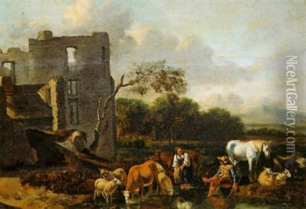 A Shepherd And Shepherdess Watering Cattle And Sheep Oil Painting - Gerrit Adriaensz Berckheyde