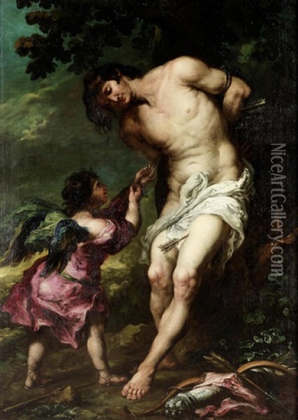 Saint Sebastian Tended By An Angel Oil Painting - Juan De Valdes Leal