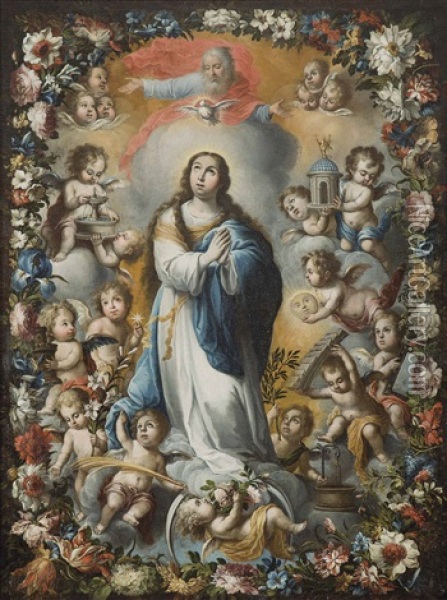 La Inmaculada Concepcion Redeada De Angeles Tenantes Con Los Simbolos Lauretanos En Orla De Flores Oil Painting - Andres Perez