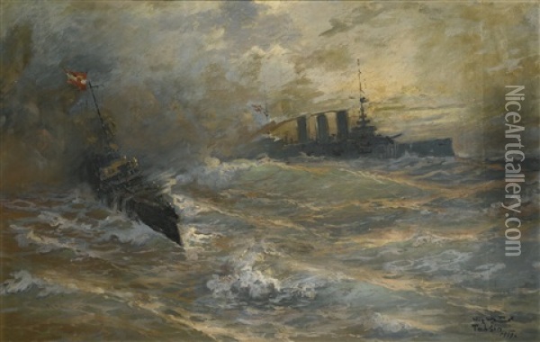 Battleships On High Seas Oil Painting - Diyarbakirli Tahsin