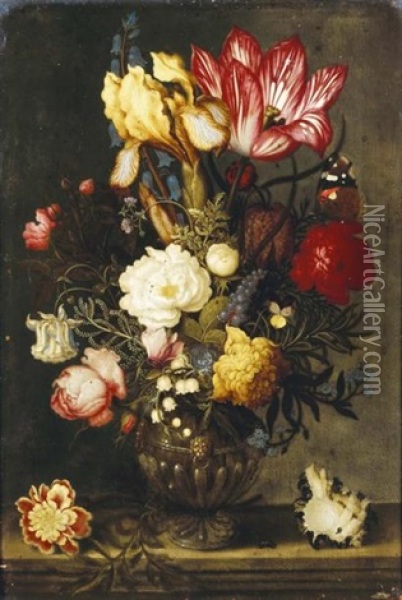 Bouquet De Fleurs Dans Un Vase De Bronze Pose Sur Un Entablement Pres D'un Coquillage Oil Painting - Ambrosius Bosschaert the Elder