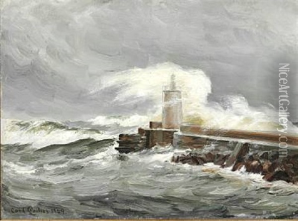 Havnemolen. Sonden Storm. Skagen Oil Painting - Carl Ludvig Thilson Locher