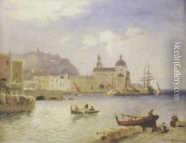 Kleine Italienische Hafenstadt (cinque Terre?) Oil Painting - Heinrich Hiller