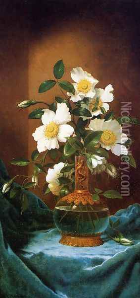 White Cherokee Roses In A Salamander Vase Oil Painting - Martin Johnson Heade