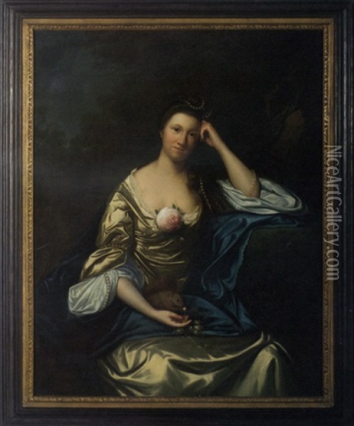 Portait Of A Lady In A Green Satin Gown Oil Painting - Allan Ramsay