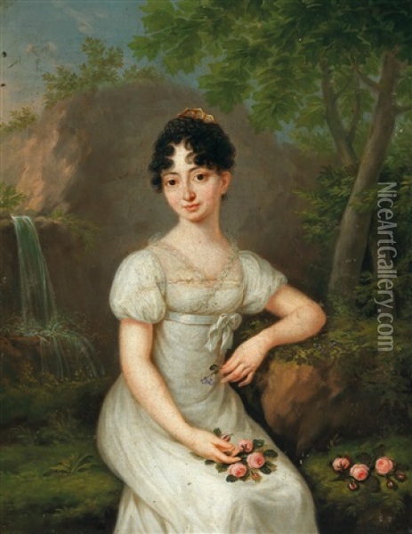 Girl With Roses By A Waterfall Oil Painting - Johann Daniel Donat