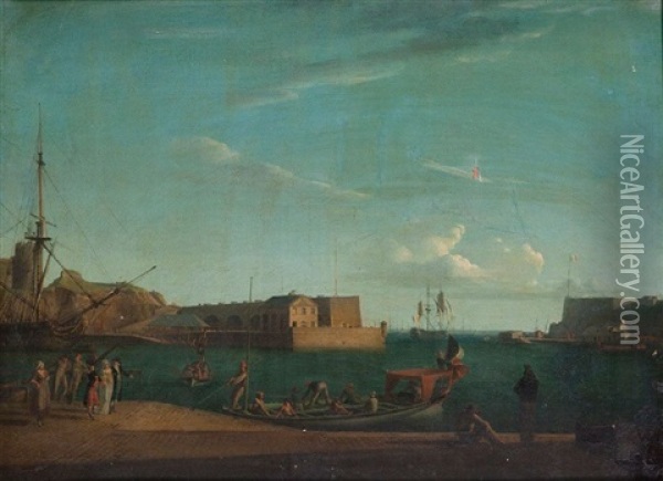 Chaloupe Levant L'ancre Dans Un Port Mediterraneen Oil Painting - Abraham Louis Rodolphe Ducros