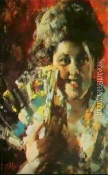 Bambina Con Ventaglio Oil Painting - Vincenzo Irolli