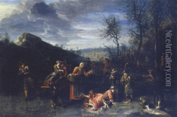 Scene Villageoise Au Bord D'un Lac Glace Oil Painting - Nicolas Lancret