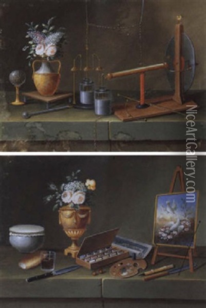 Physikalische Instrumente Und Blumenvase Auf Einer Steinplatte Oil Painting - Johann Rudolff Feyerabend