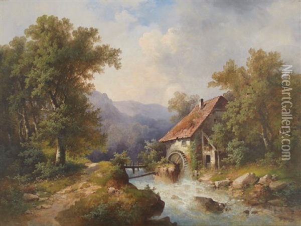 The Mill On The River Oil Painting - Hermann Herzog
