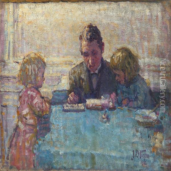 Interior With A Father And Two Daughters Around A Table Oil Painting - Johannes Ottesen