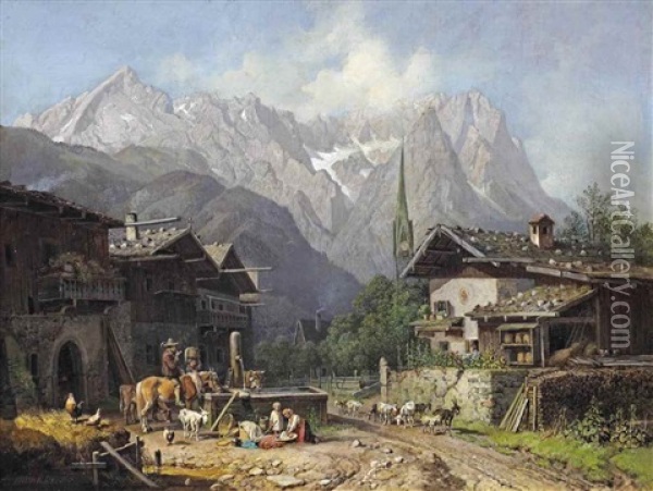 An Alpine Village With Cattle Near A Well Oil Painting - Heinrich Buerkel