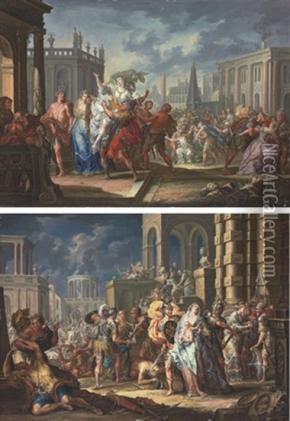 The Rape Of The Sabine Women (+ The Intervention Of The Sabine Women; Pair) Oil Painting - Johann Georg Platzer