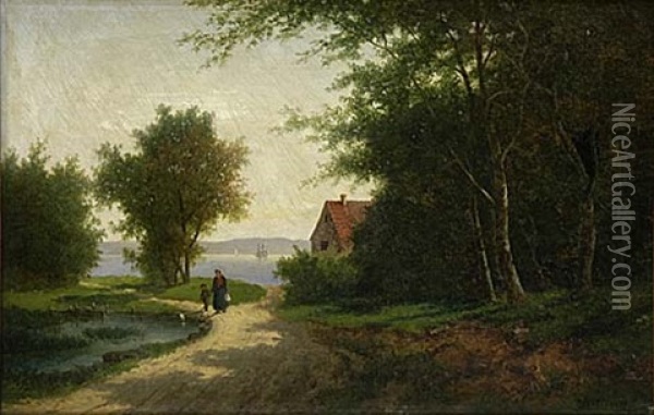 Kvinna Och Barn Pa Promenad I Sommarlandskap Oil Painting - Theodor Billing