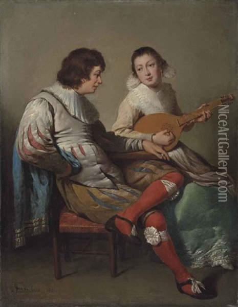 An Elegant Couple Playing Music Oil Painting - Jacob Jansz (Jan) van Velsen