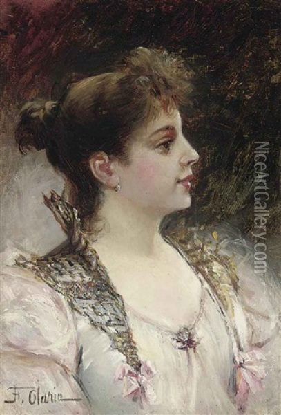 Portrait Of A Lady In White And Pink Dress Oil Painting - Frederico Olaria