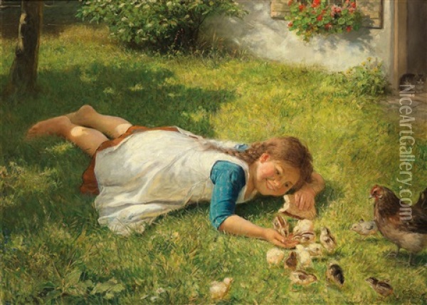 Playing With The Chicks Oil Painting - Carl Von Bergen