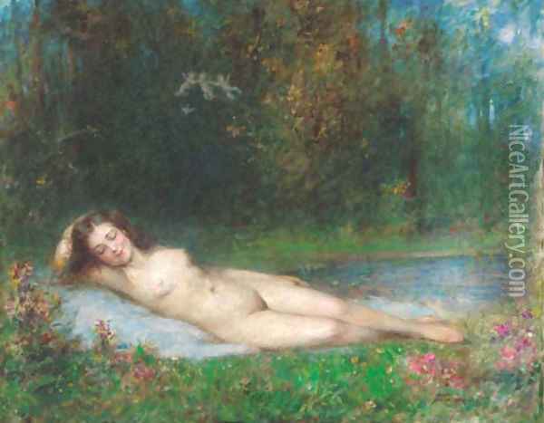 A nymph lying in a wooded river landscape Oil Painting - Arthur von Ferraris