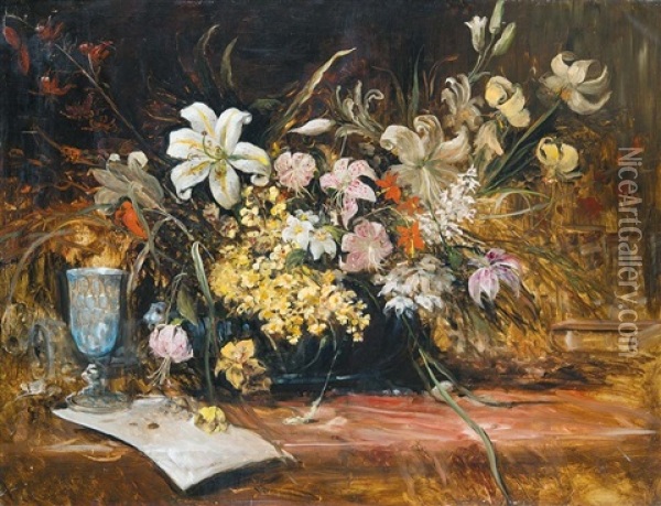 Still Life With Flowers Oil Painting - Lajos Bruck