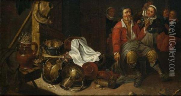 Couple Dans Une Auberge Devant Une Nature Morte De Cuisine Oil Painting - Cornelis Mahu