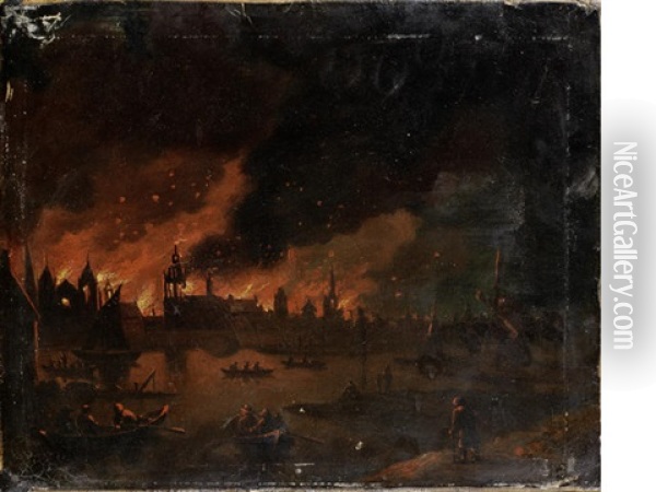 Fire Raging Across A Town At Night Oil Painting - Johann Georg (Georges) Trautmann