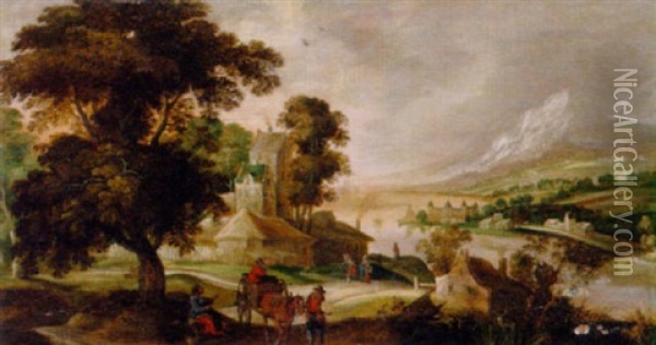 A River Landscape With A Horse And Cart And Other Figures Before A Town Oil Painting - Joos de Momper the Younger