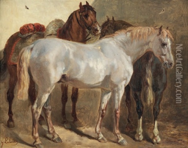 Trois Chevaux A L'ecurie Oil Painting - Francois Hippolyte Lalaisse