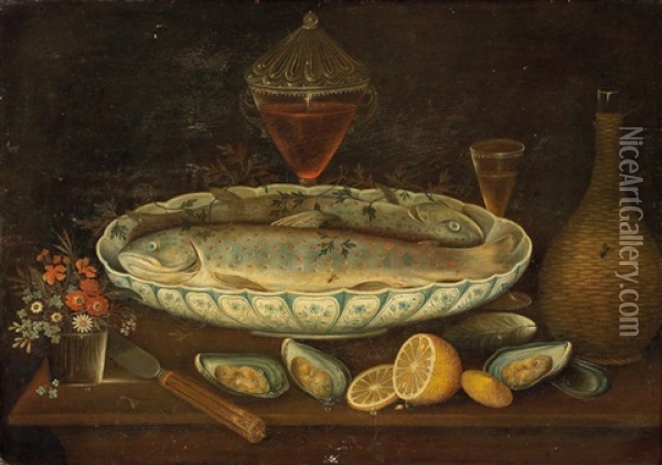 Stillleben Mit Fisch (+ Stillleben Mit Langusten; Pair) Oil Painting - Johann Seitz