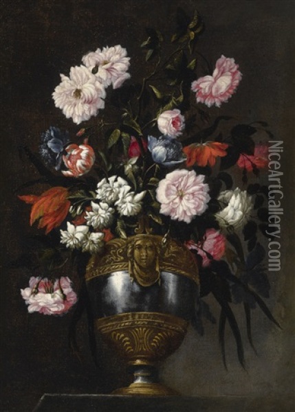 Still Life Of Roses, Tulips, Anemones And Peonies In A Vase Ornamented With A Grotesque Mask Oil Painting - Francesco Mantovano