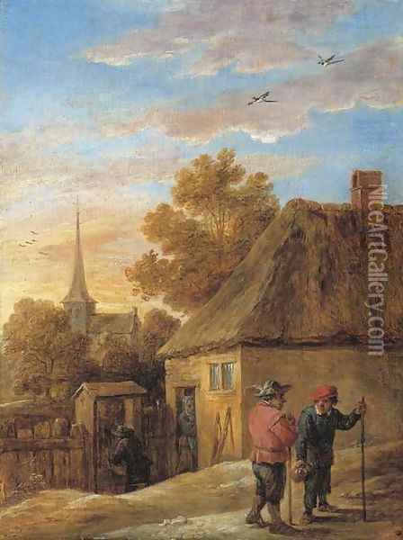 Peasants conversing by a house with a church beyond Oil Painting - David III Teniers