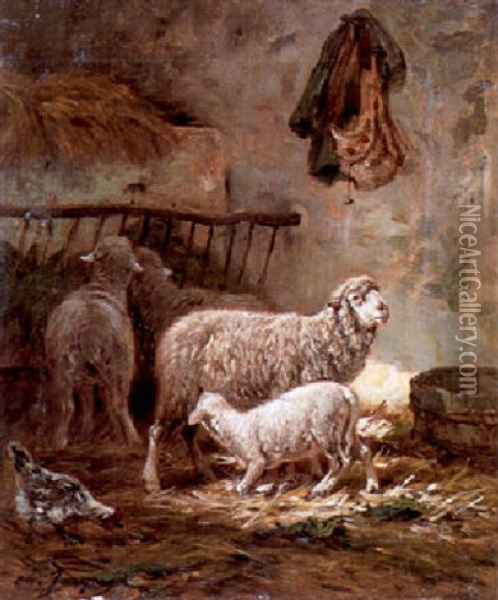 Sheep In A Stable Interior Oil Painting - Charles Emile Jacque